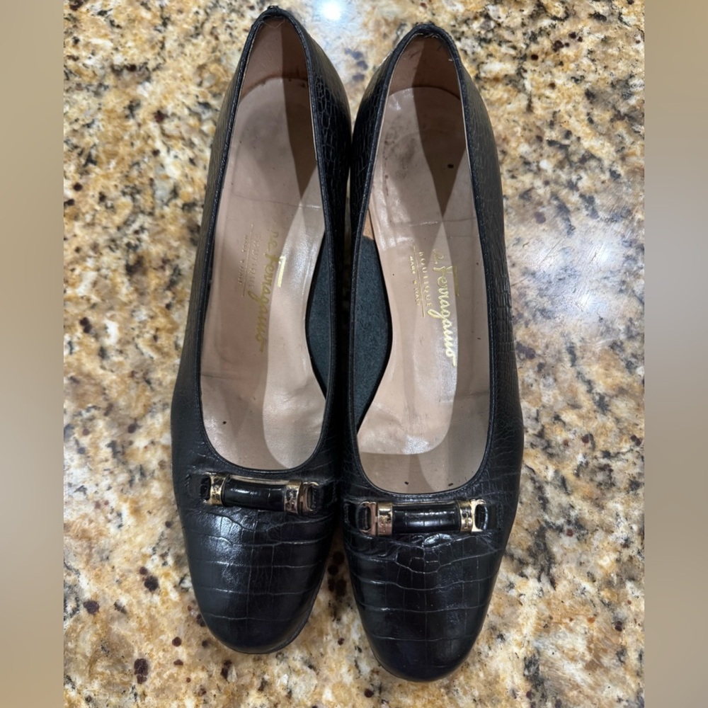 Salvatore Ferragamo Black Croc-Embossed Flats